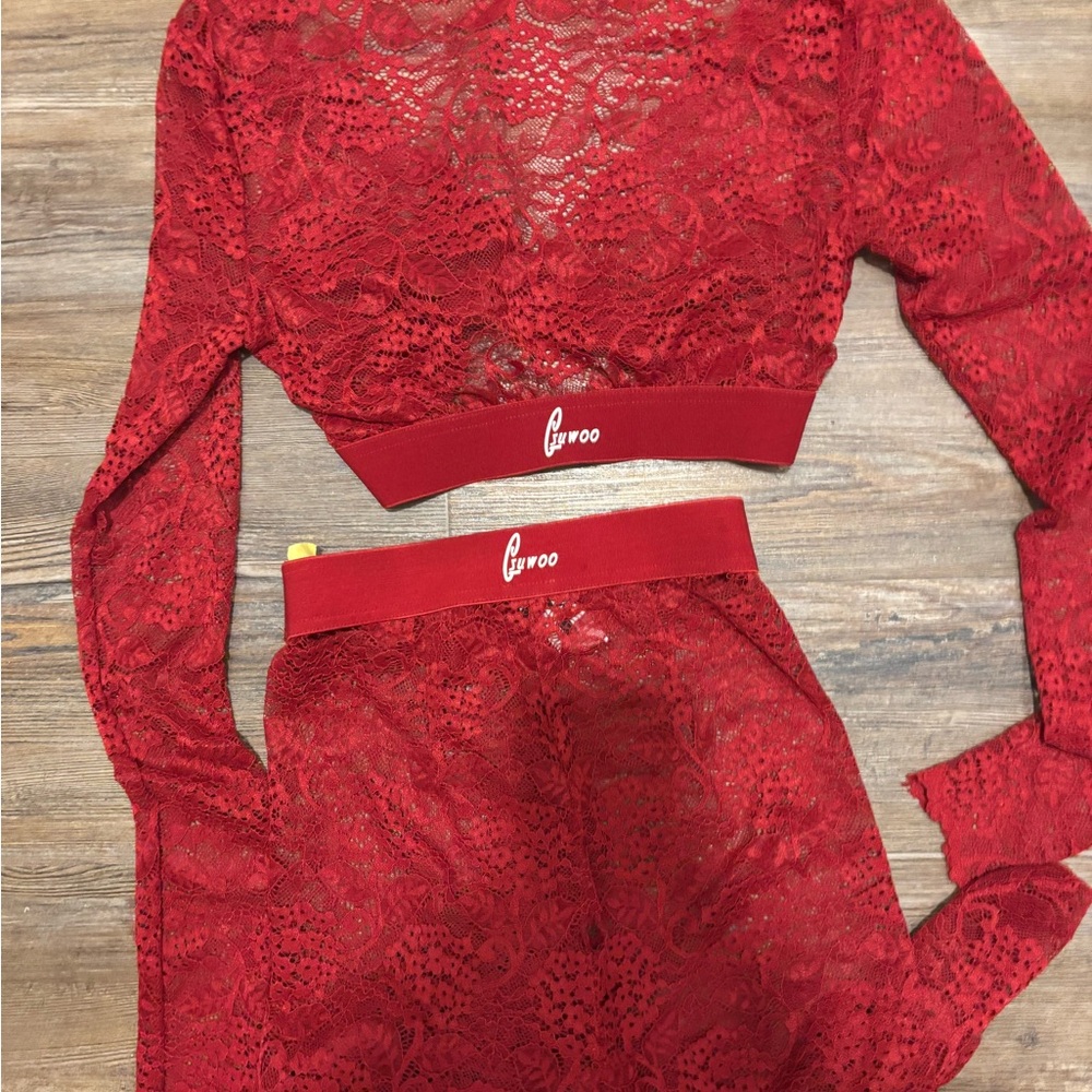 Red Lace Two-Piece Set by Gsuwoo